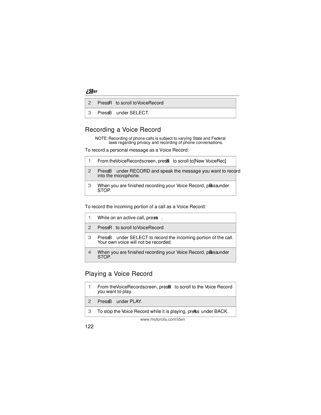 Motorola i58sr manual Recording a Voice Record, Playing a Voice Record, 122 