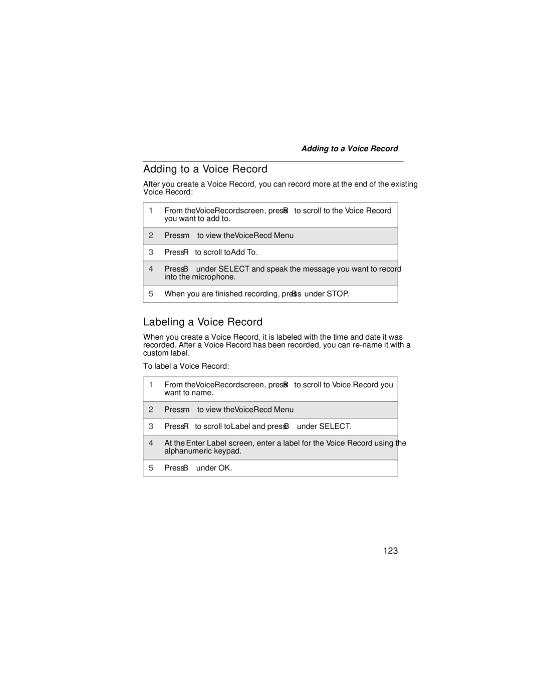 Motorola i58sr manual Adding to a Voice Record, Labeling a Voice Record, 123 