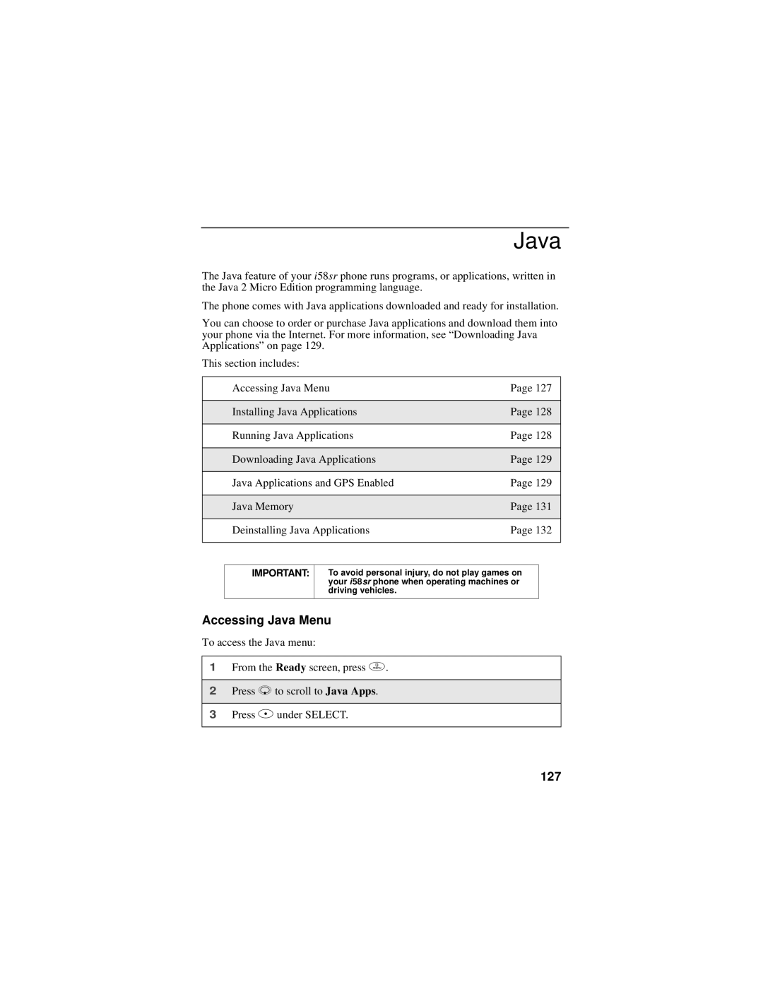 Motorola i58sr manual Accessing Java Menu, 127 