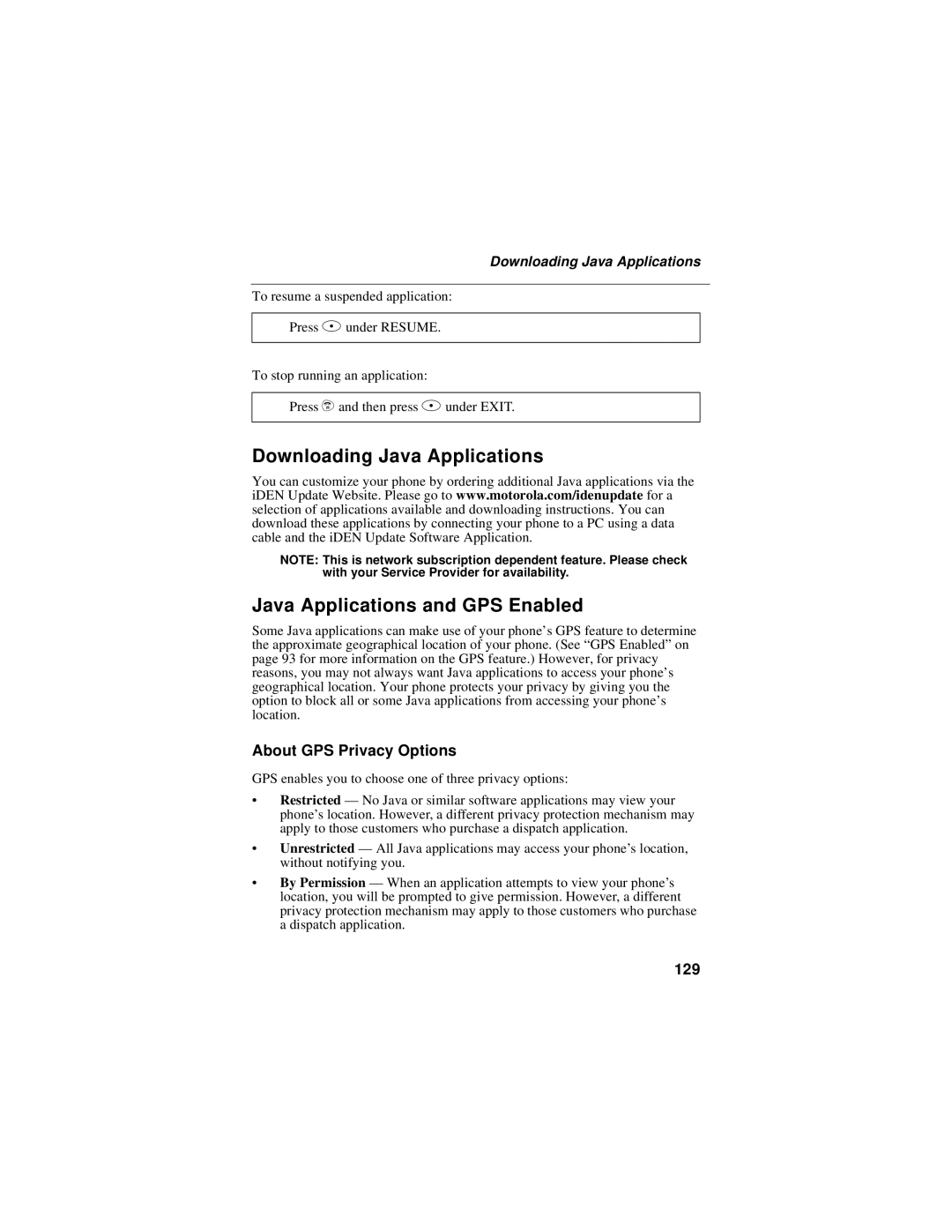 Motorola i58sr manual About GPS Privacy Options, 129, Downloading Java Applications 