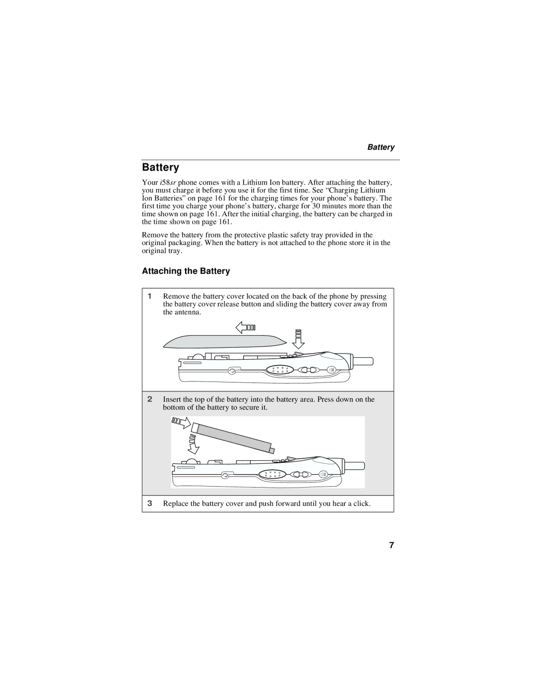 Motorola i58sr manual Attaching the Battery 