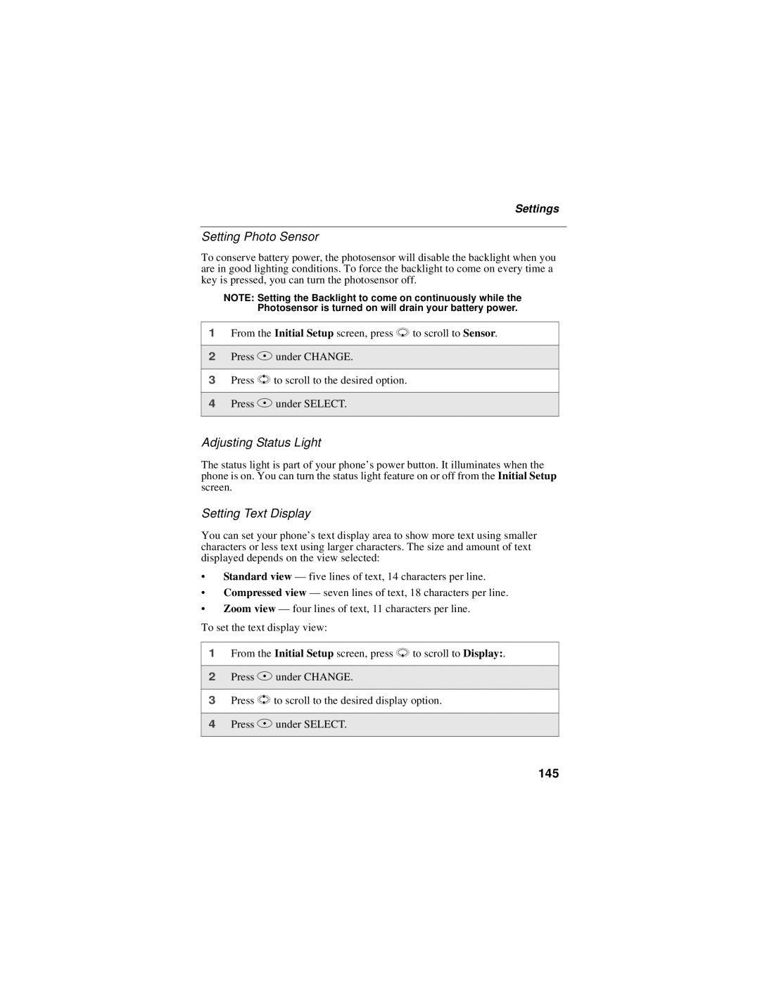 Motorola i58sr manual Setting Photo Sensor, Adjusting Status Light, Setting Text Display, 145 