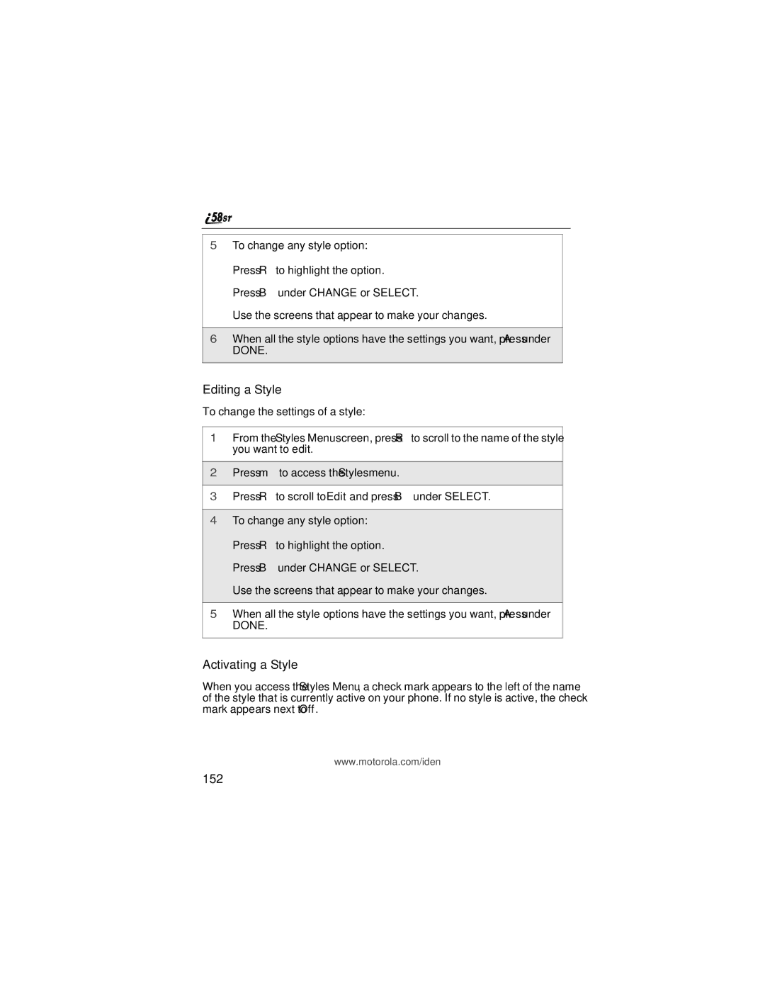 Motorola i58sr manual Editing a Style, Activating a Style, 152 