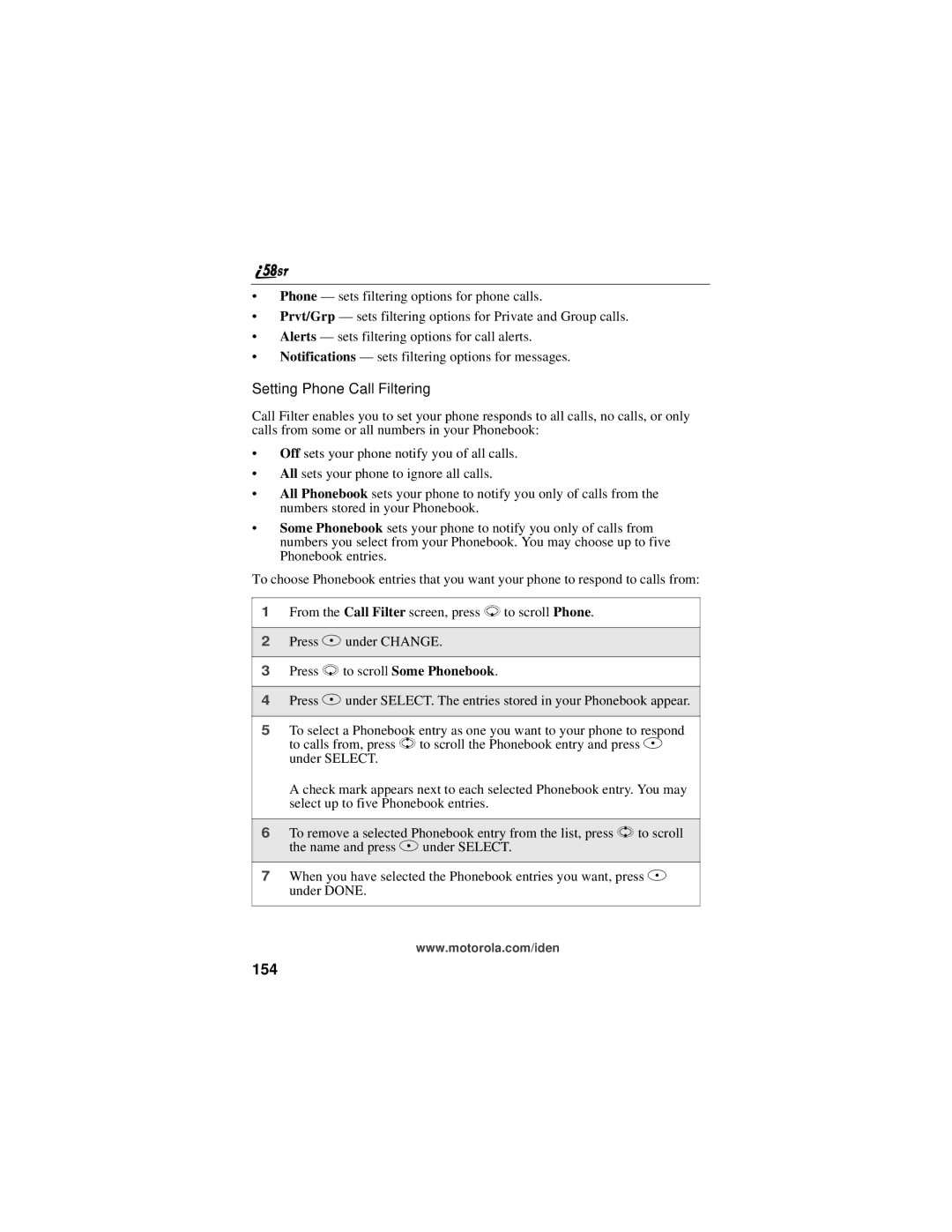 Motorola i58sr manual 154, Setting Phone Call Filtering 