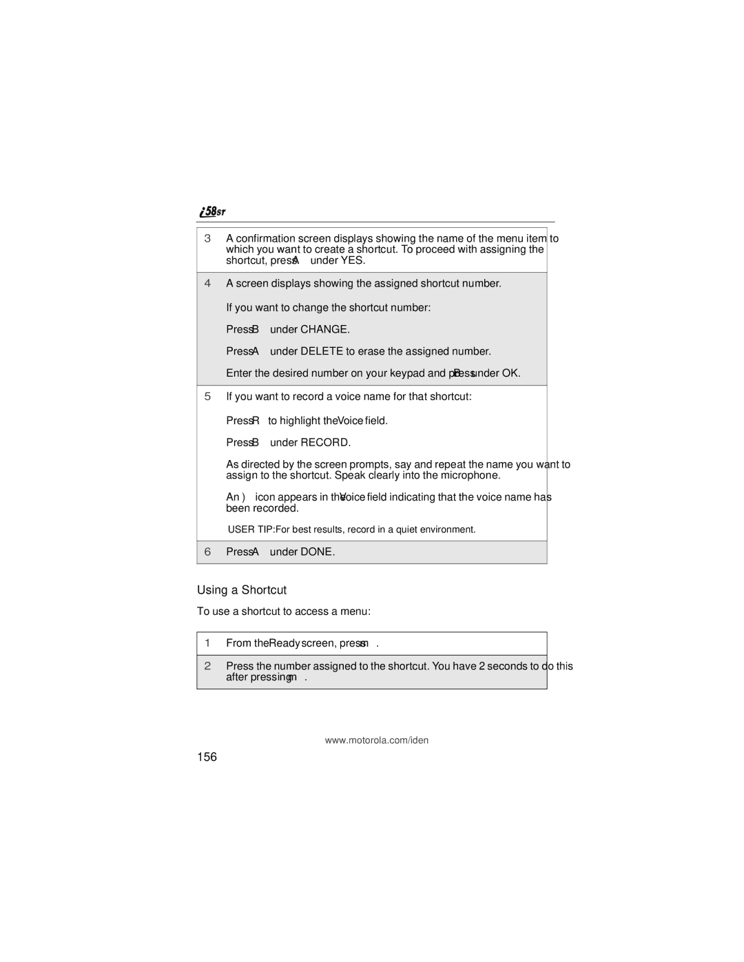 Motorola i58sr manual Using a Shortcut, 156 