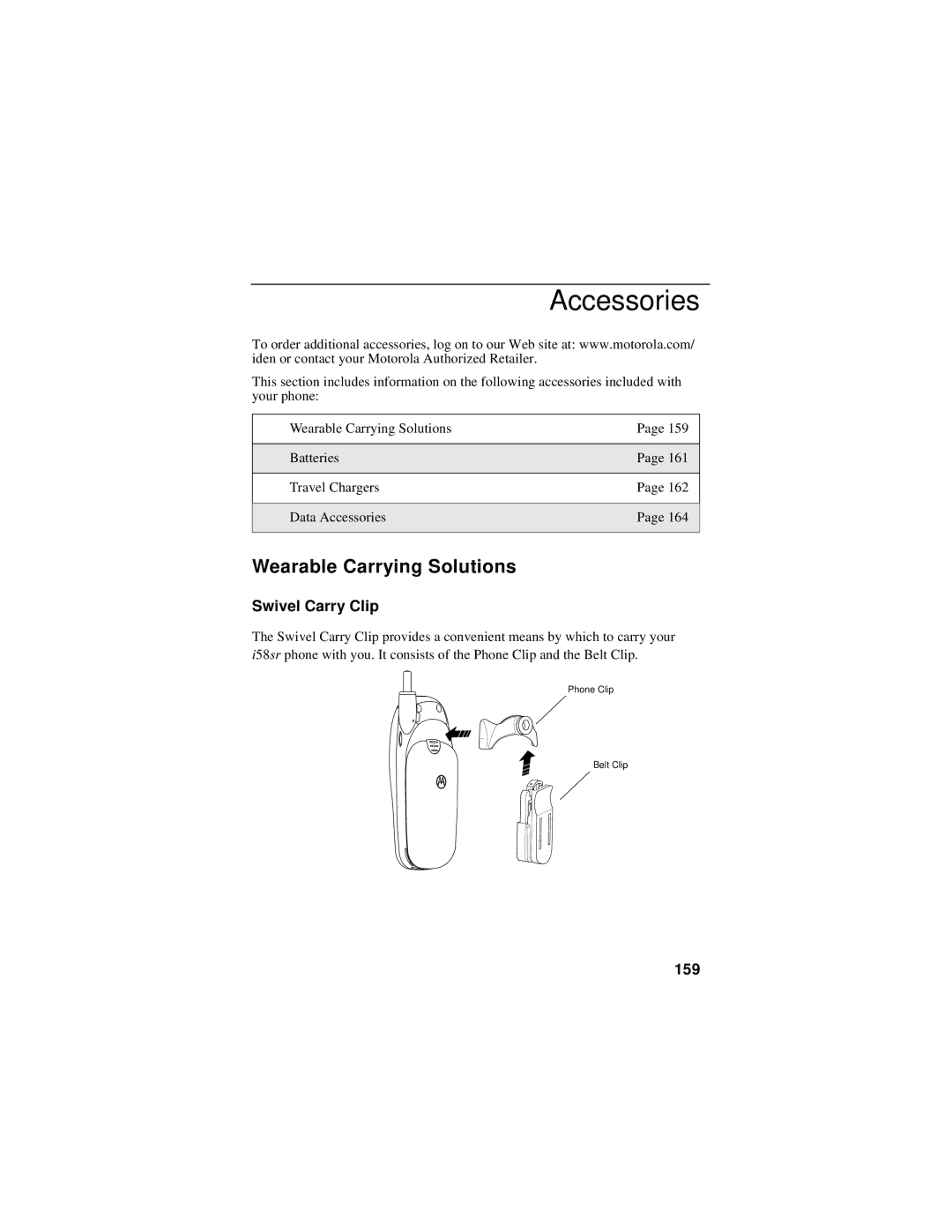 Motorola i58sr manual Accessories, Wearable Carrying Solutions, Swivel Carry Clip, 159 