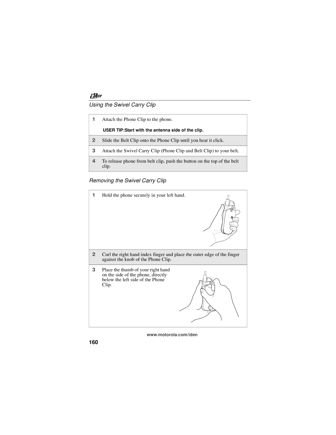 Motorola i58sr manual Using the Swivel Carry Clip, Removing the Swivel Carry Clip, 160 