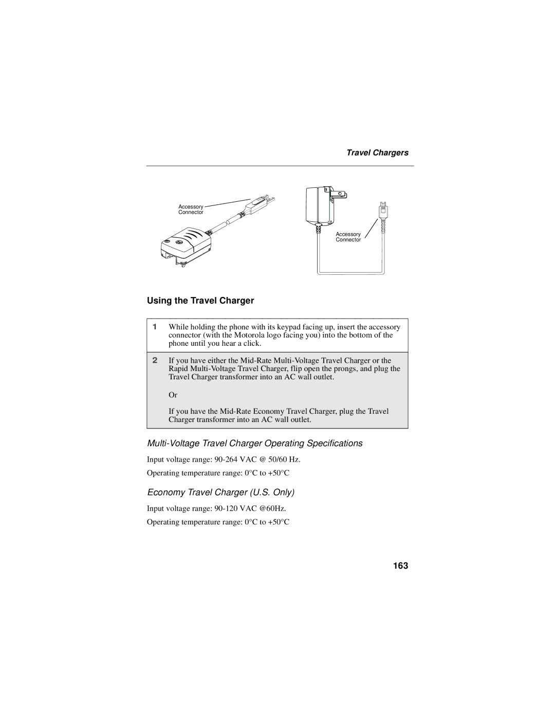 Motorola i58sr manual Using the Travel Charger, Multi-Voltage Travel Charger Operating Specifications, 163, Travel Chargers 