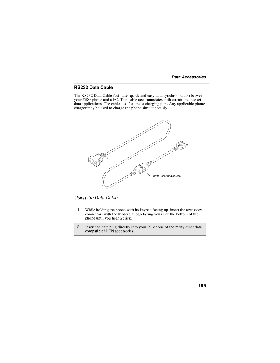 Motorola i58sr manual RS232 Data Cable, Using the Data Cable, 165, Data Accessories 