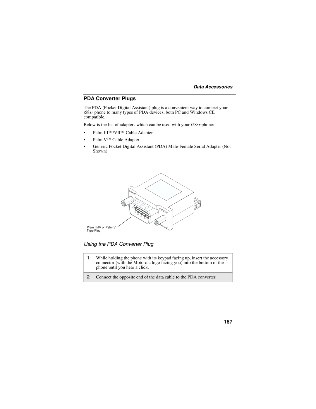 Motorola i58sr manual PDA Converter Plugs, Using the PDA Converter Plug, 167 