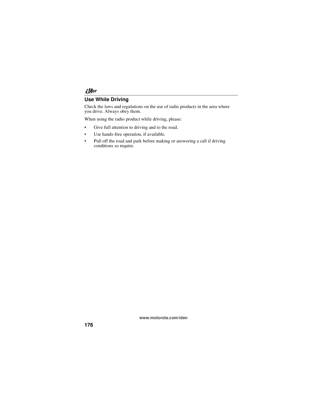 Motorola i58sr manual Use While Driving, 176 