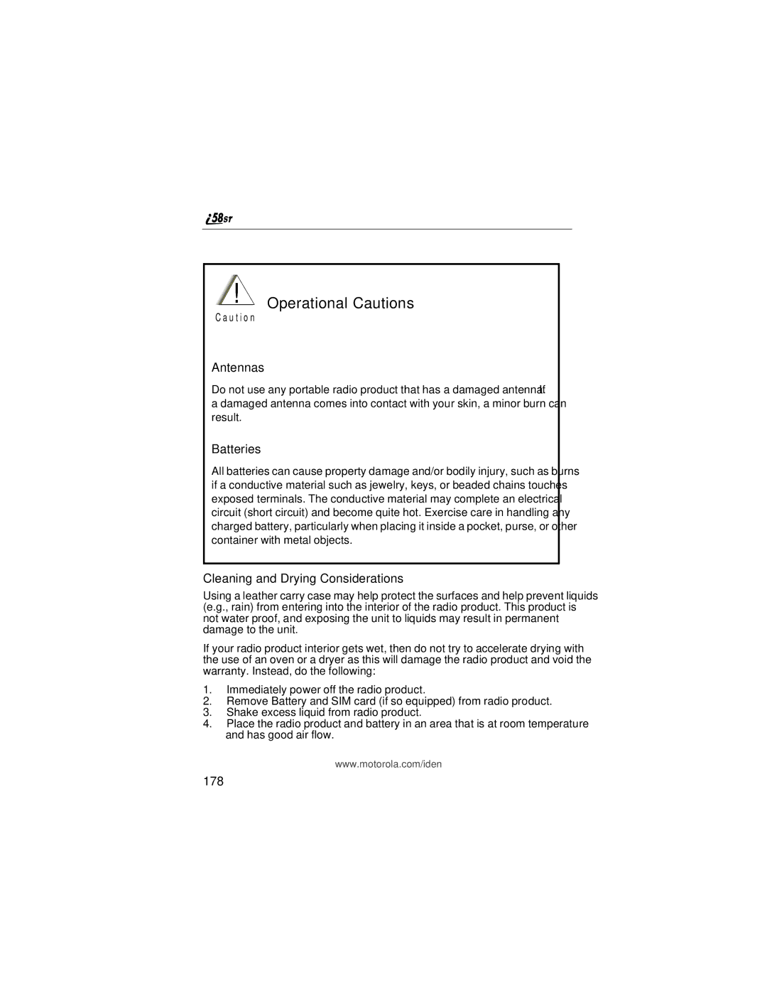 Motorola i58sr manual Operational Cautions, Cleaning and Drying Considerations, 178 