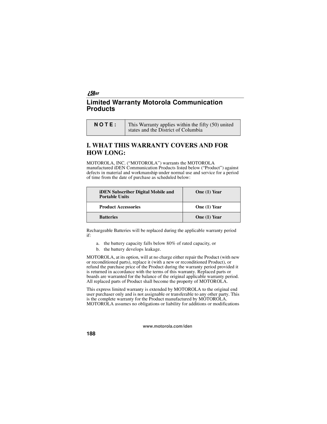 Motorola i58sr manual Limited Warranty Motorola Communication Products, T E, 188 