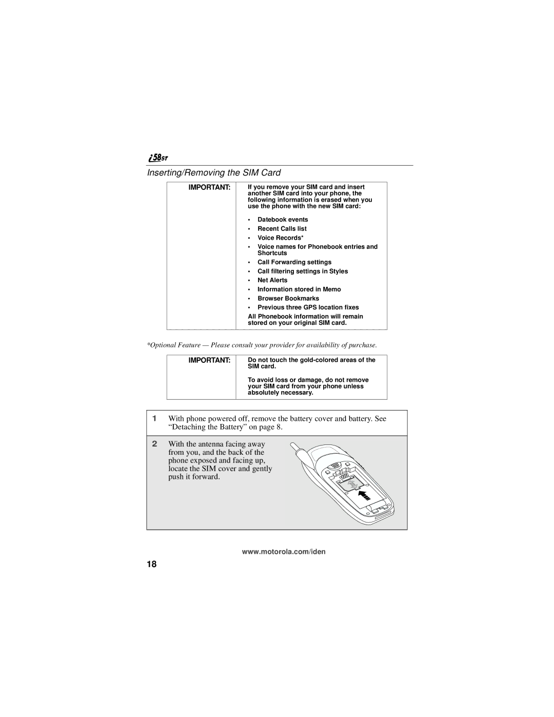 Motorola i58sr manual Inserting/Removing the SIM Card 