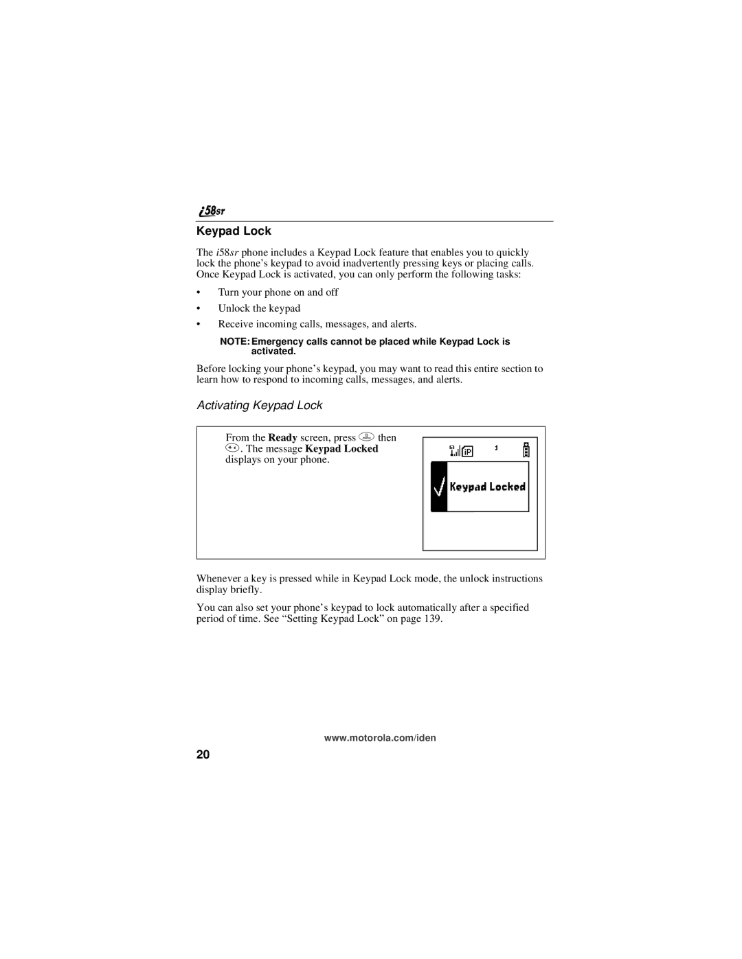 Motorola i58sr manual Activating Keypad Lock 