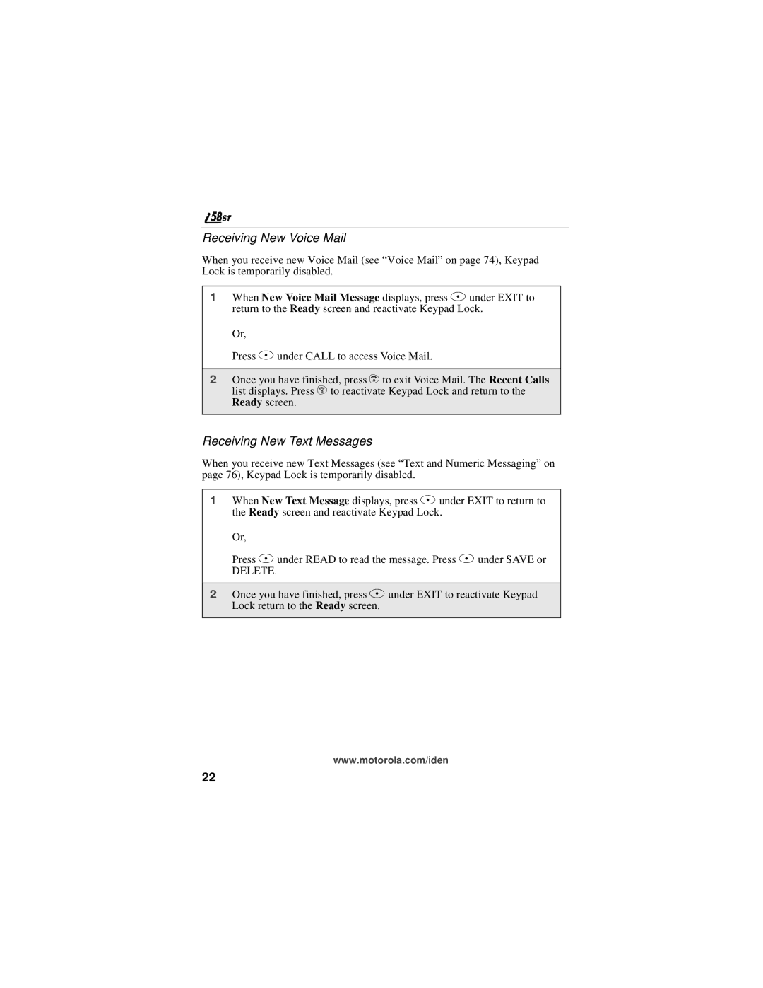 Motorola i58sr manual Receiving New Voice Mail, Receiving New Text Messages 