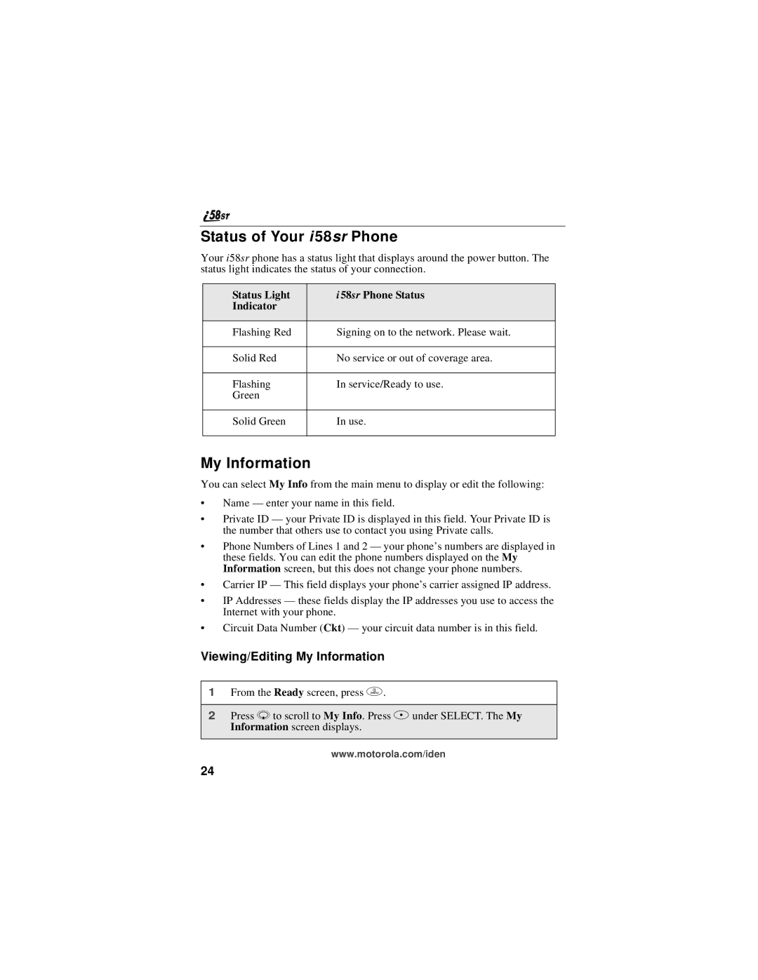 Motorola i58sr Status of Your i 58sr Phone, Viewing/Editing My Information, Status Light Sr Phone Status Indicator 