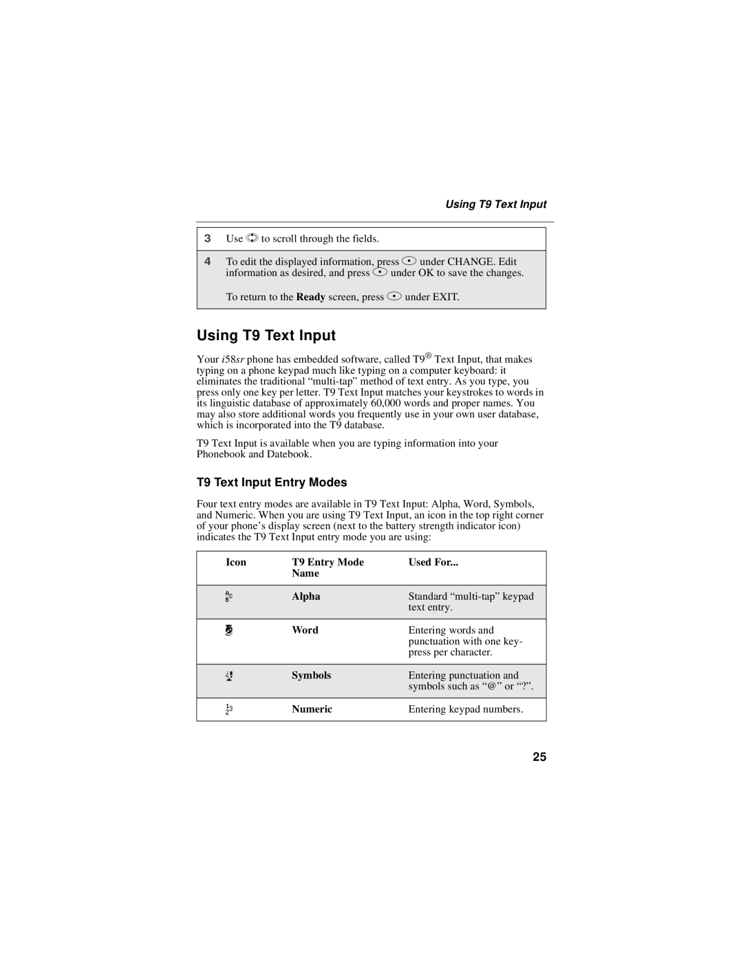 Motorola i58sr manual Using T9 Text Input, T9 Text Input Entry Modes 