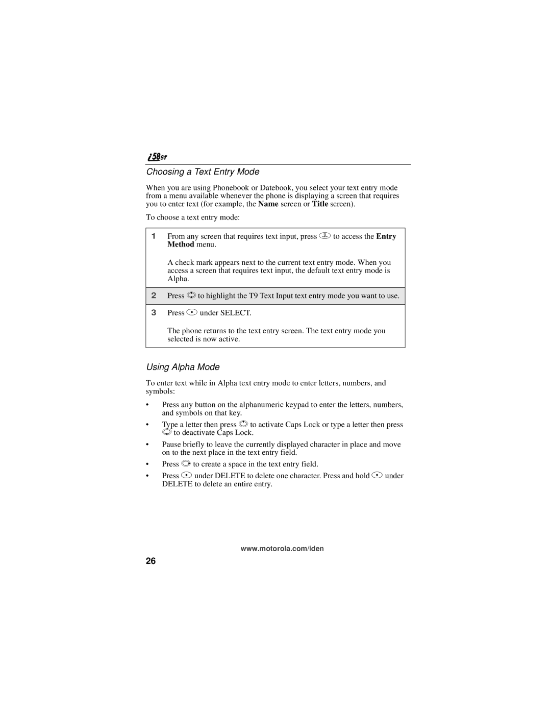 Motorola i58sr manual Choosing a Text Entry Mode, Using Alpha Mode 