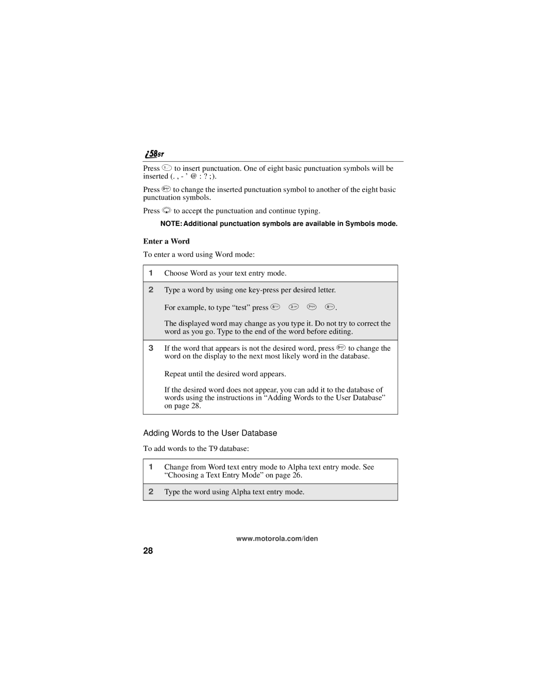 Motorola i58sr manual Enter a Word, Adding Words to the User Database 