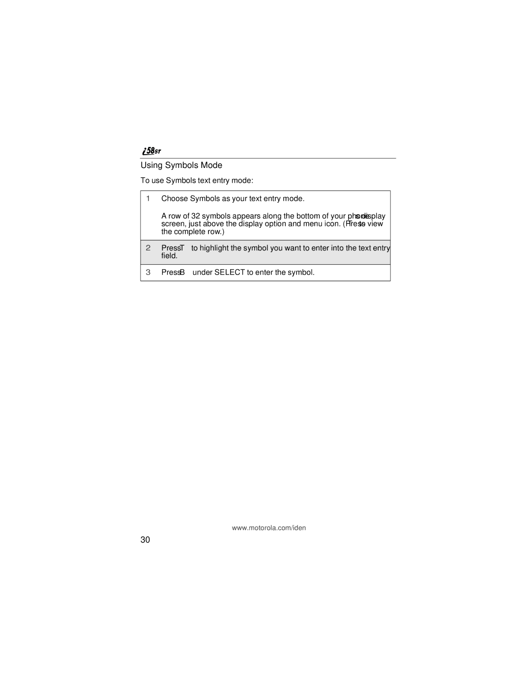 Motorola i58sr manual Using Symbols Mode 