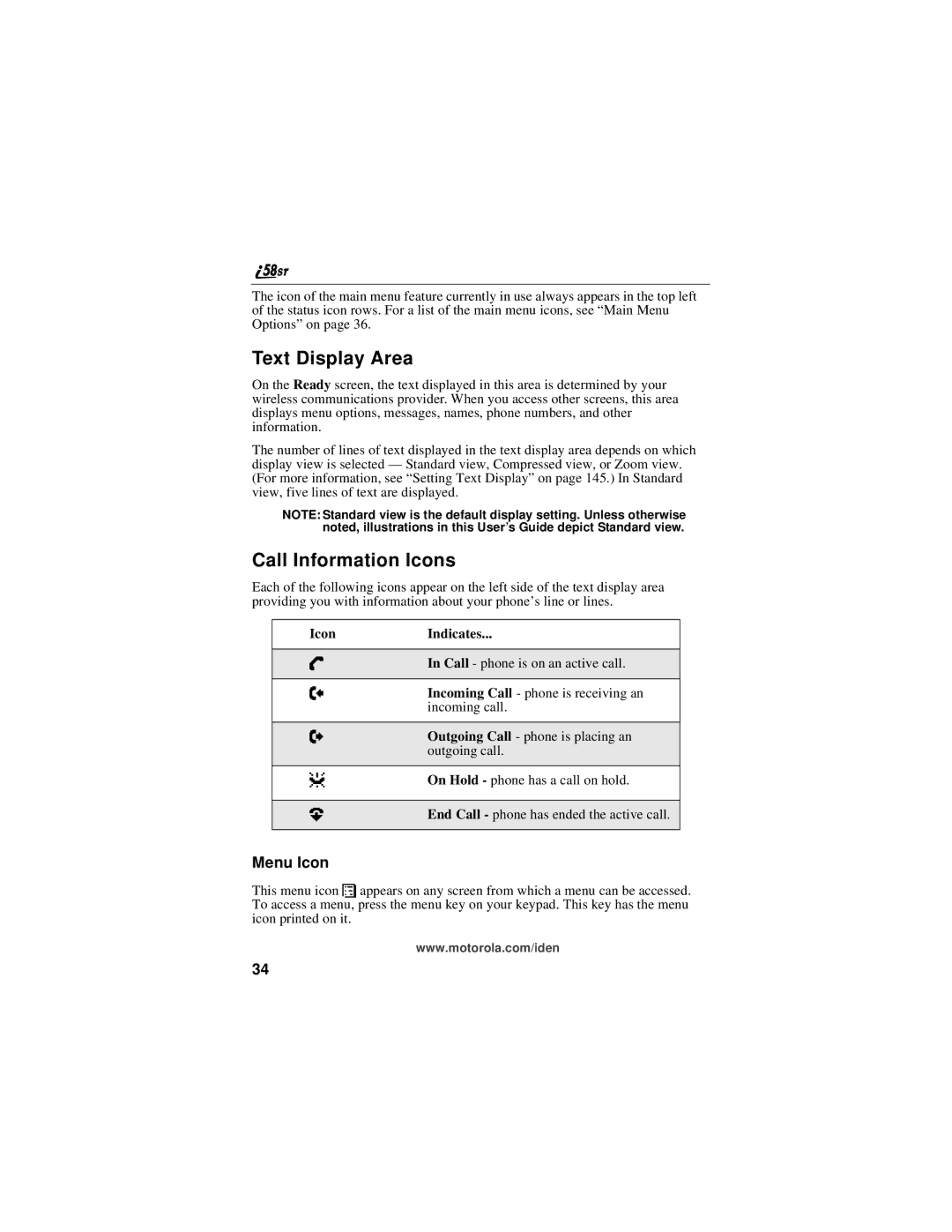 Motorola i58sr manual Text Display Area, Call Information Icons, Menu Icon 