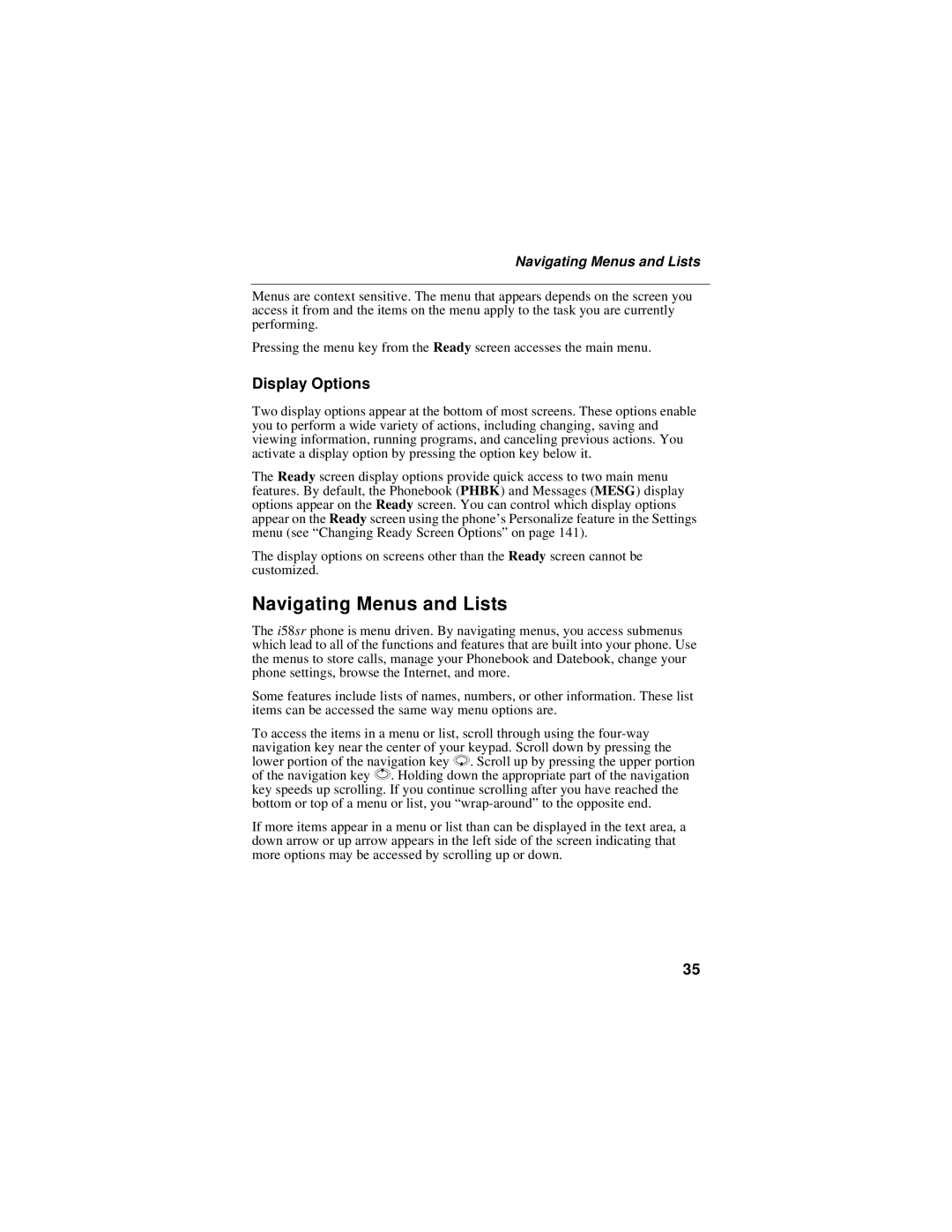 Motorola i58sr manual Navigating Menus and Lists, Display Options 