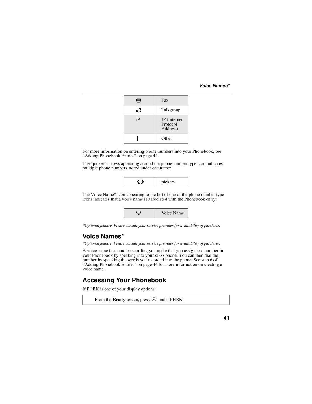 Motorola i58sr manual Voice Names, Accessing Your Phonebook 