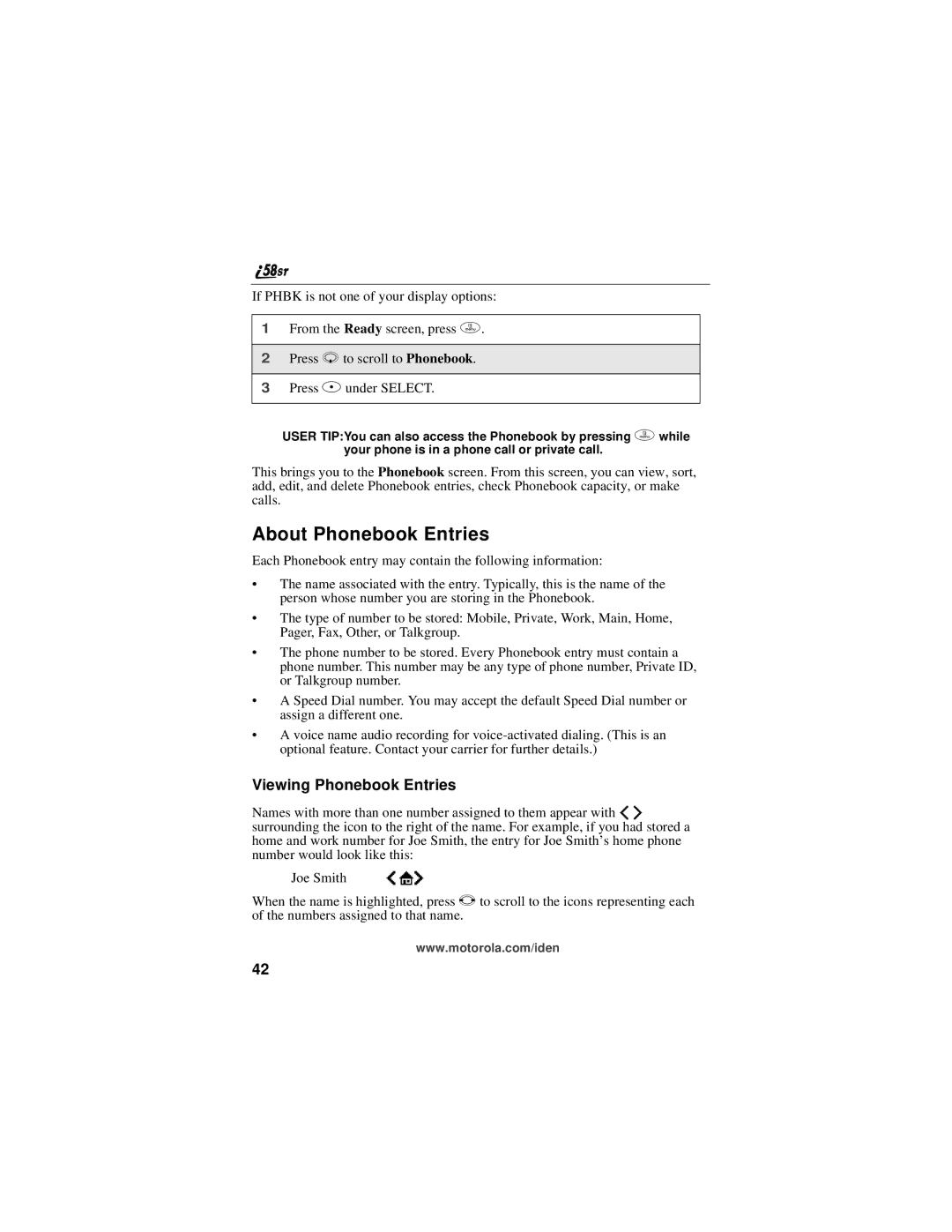 Motorola i58sr manual About Phonebook Entries, Viewing Phonebook Entries 