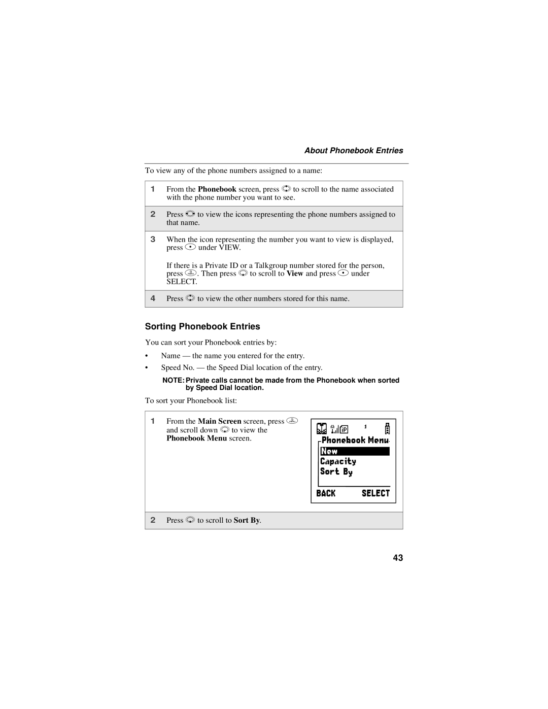 Motorola i58sr manual Sorting Phonebook Entries, About Phonebook Entries, Phonebook Menu screen 