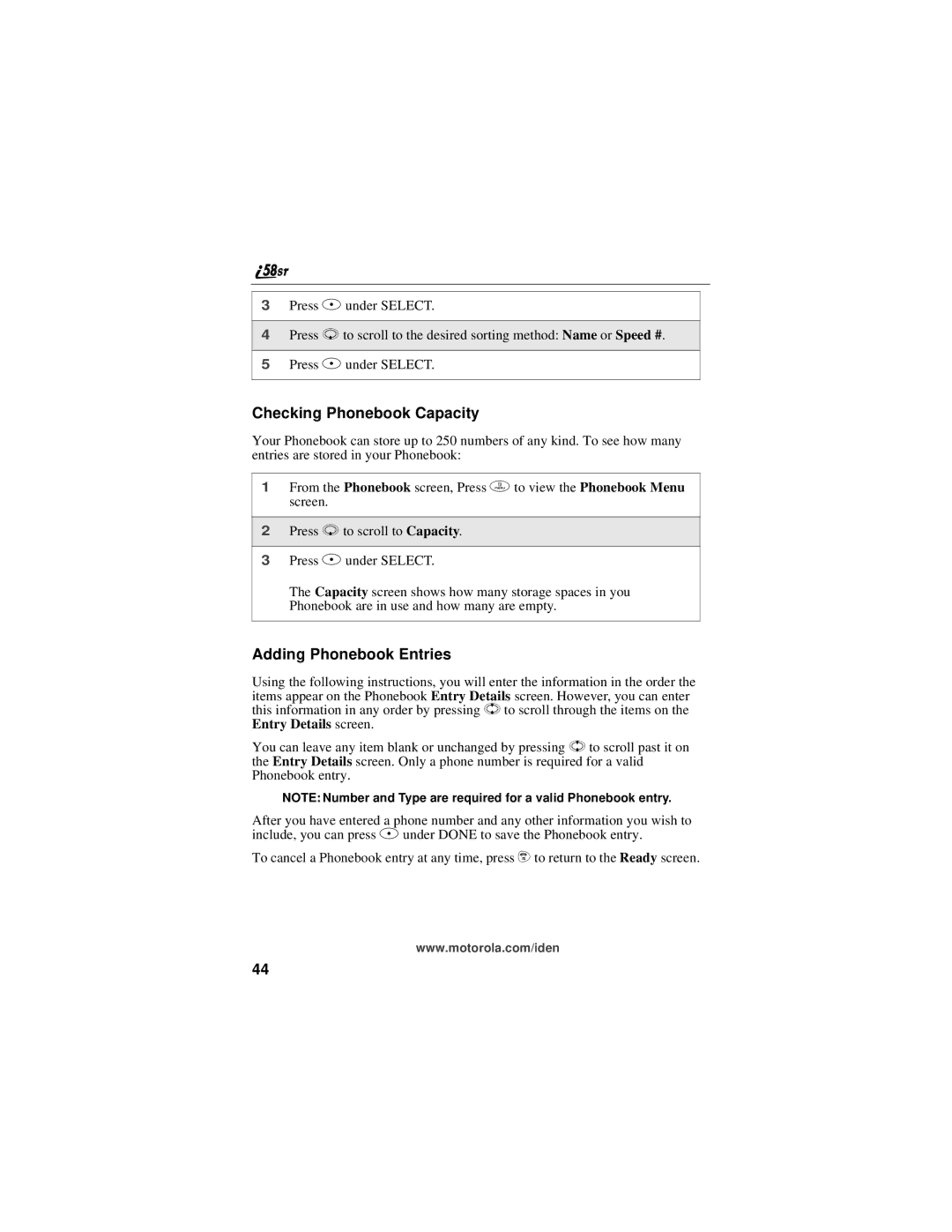 Motorola i58sr manual Checking Phonebook Capacity, Adding Phonebook Entries 