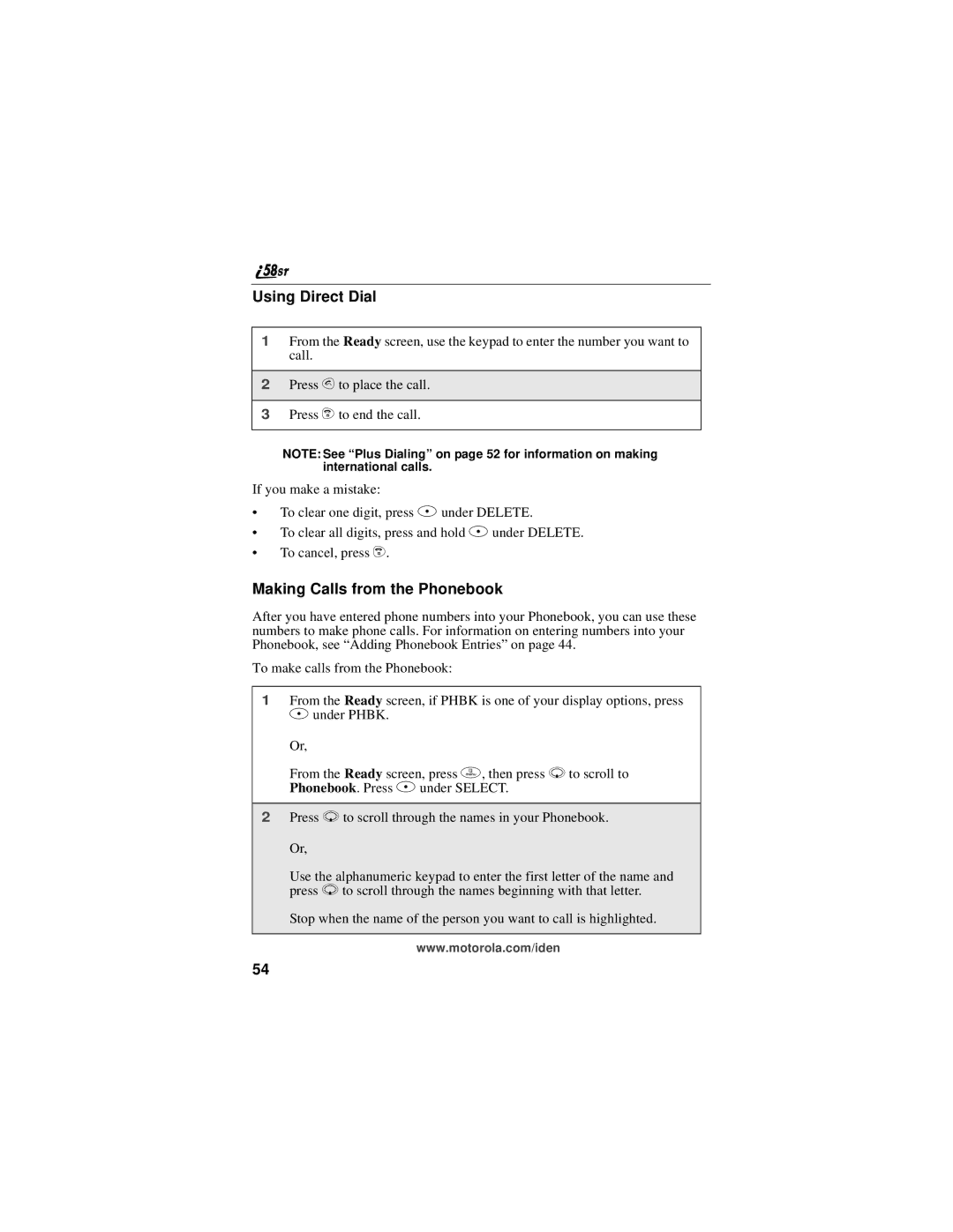 Motorola i58sr manual Using Direct Dial, Making Calls from the Phonebook 