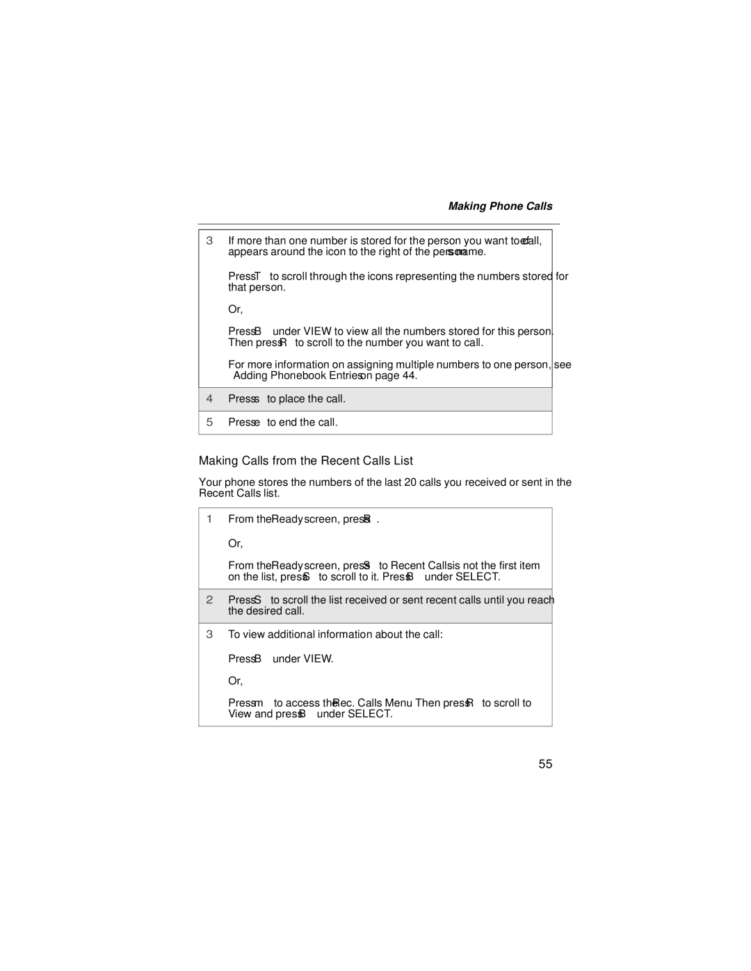 Motorola i58sr manual Making Calls from the Recent Calls List, Making Phone Calls 