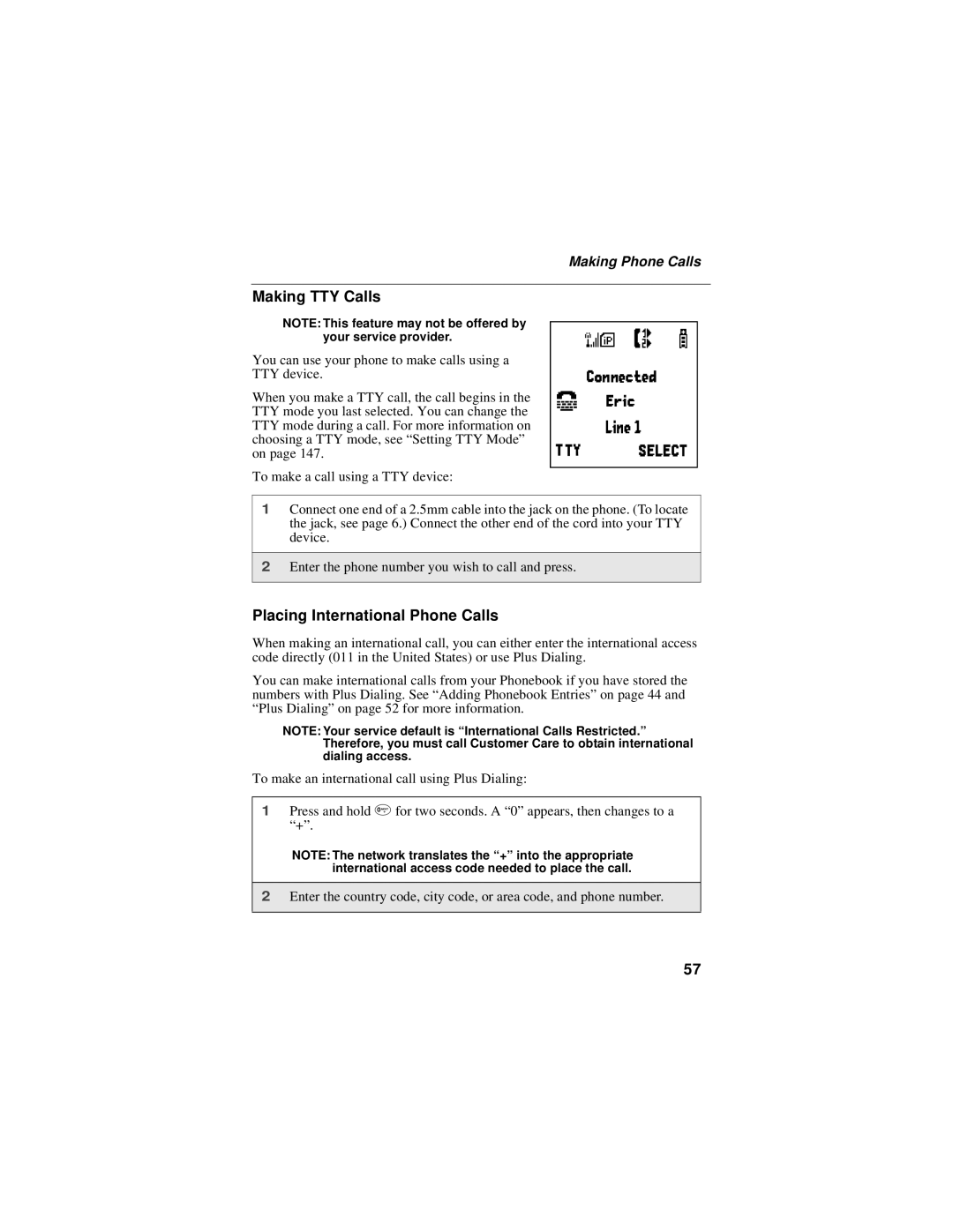 Motorola i58sr manual Making TTY Calls, Placing International Phone Calls 