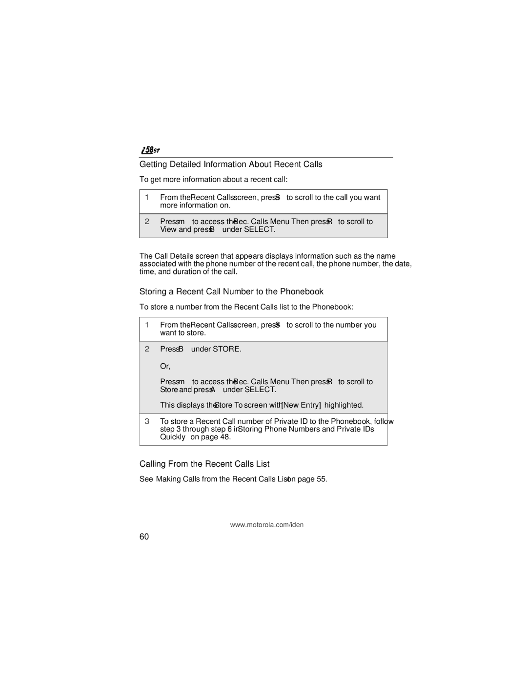 Motorola i58sr manual Getting Detailed Information About Recent Calls, Storing a Recent Call Number to the Phonebook 