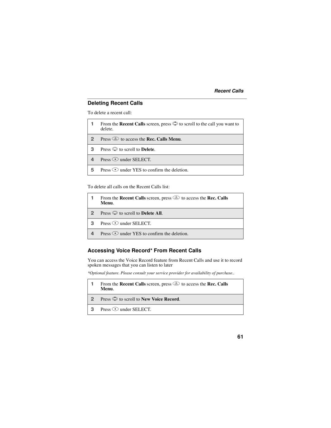 Motorola i58sr manual Deleting Recent Calls, Accessing Voice Record* From Recent Calls 