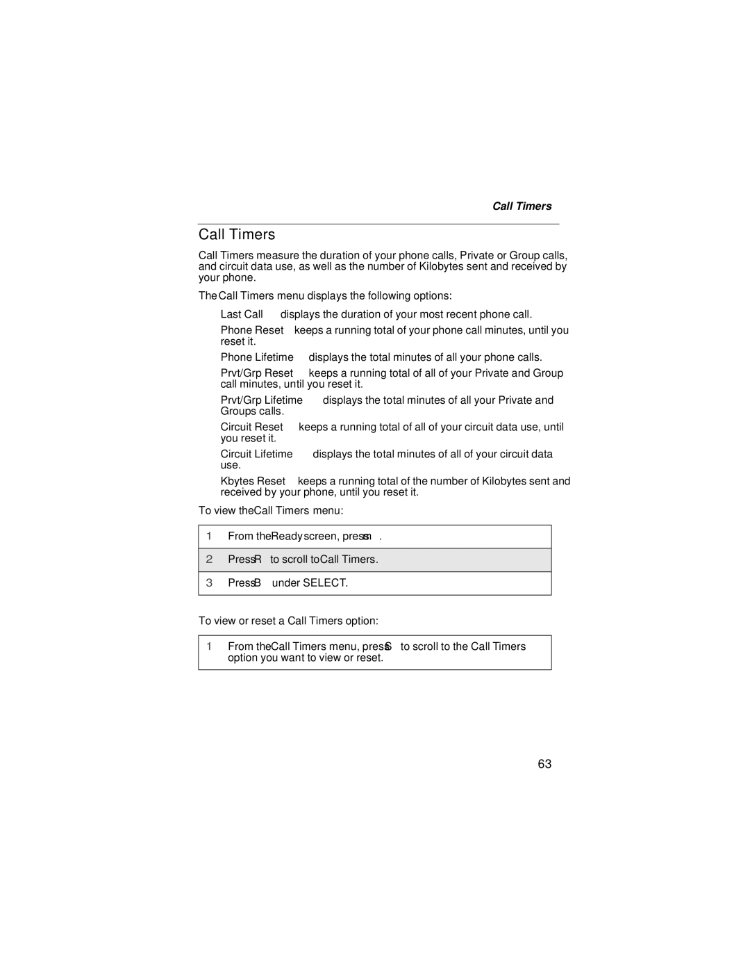 Motorola i58sr manual Call Timers 