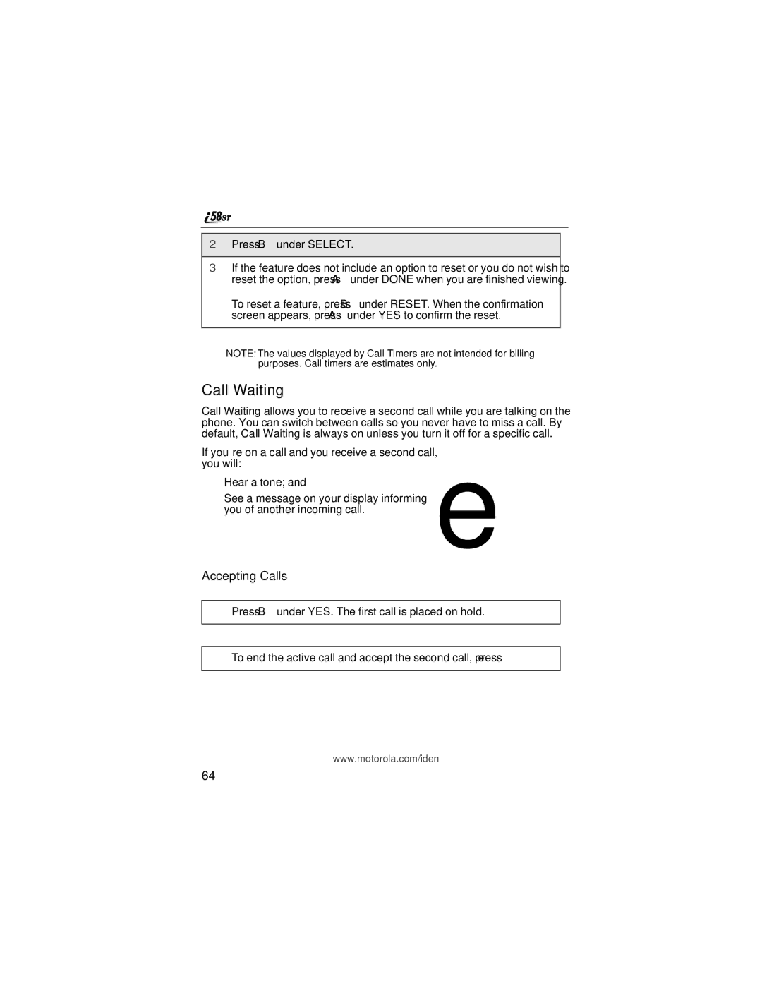 Motorola i58sr manual Call Waiting, Accepting Calls 