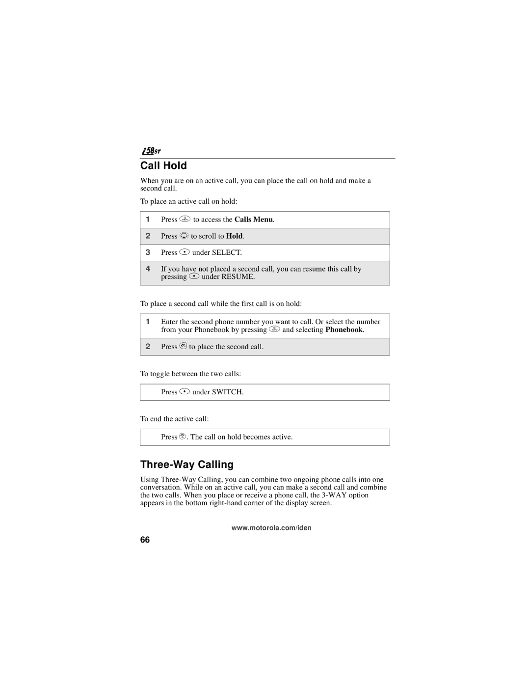 Motorola i58sr manual Call Hold, Three-Way Calling 