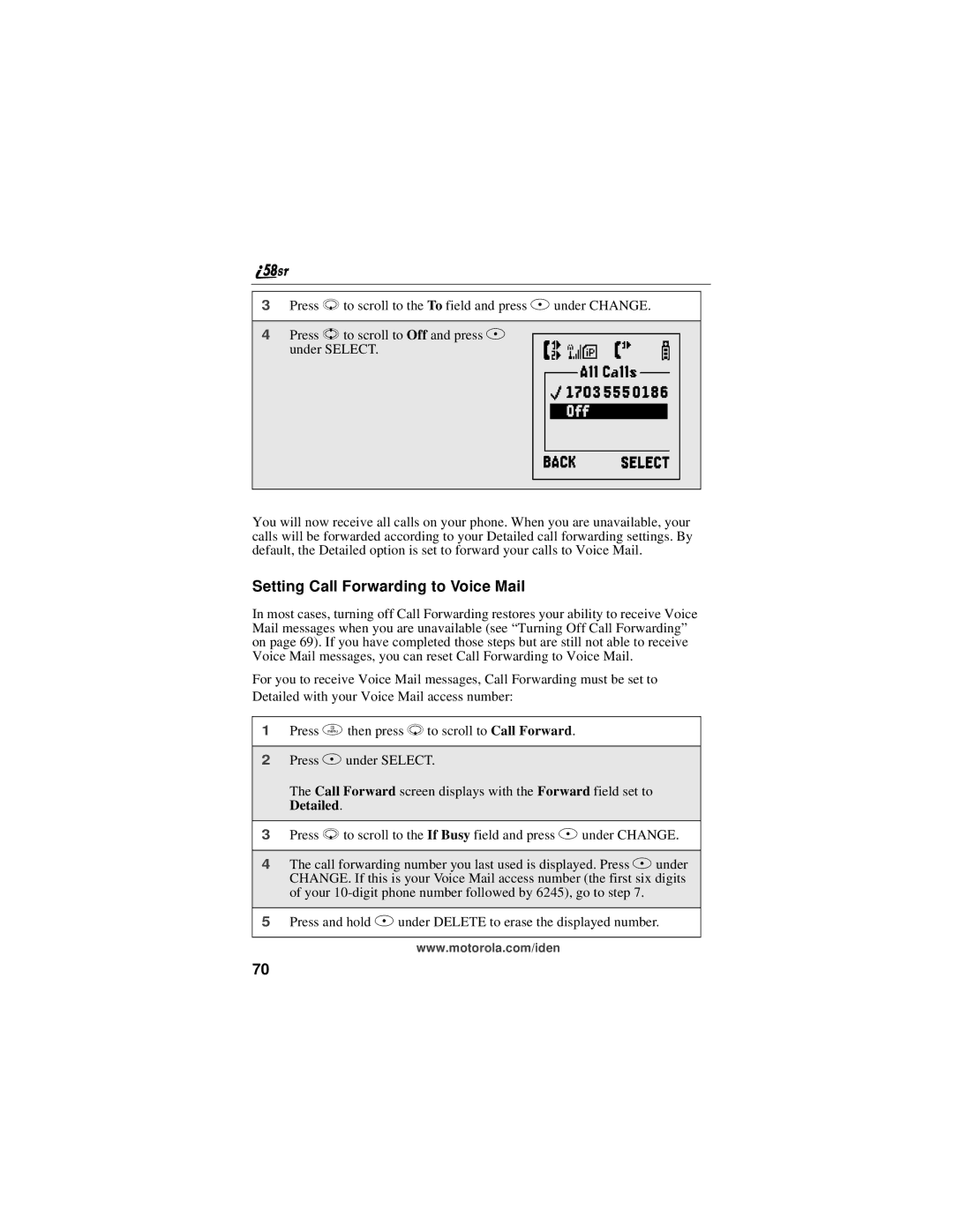 Motorola i58sr manual Setting Call Forwarding to Voice Mail 