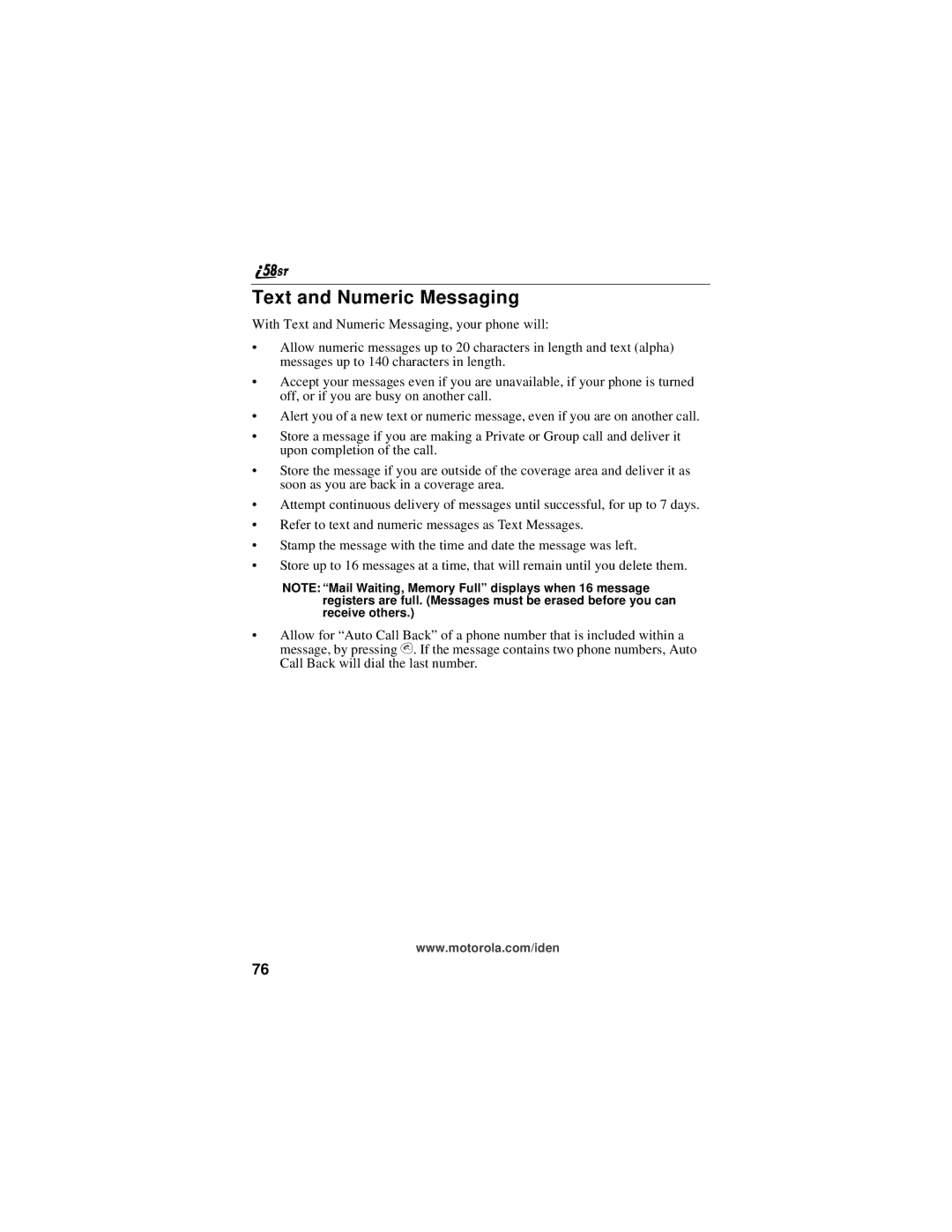 Motorola i58sr manual Text and Numeric Messaging 