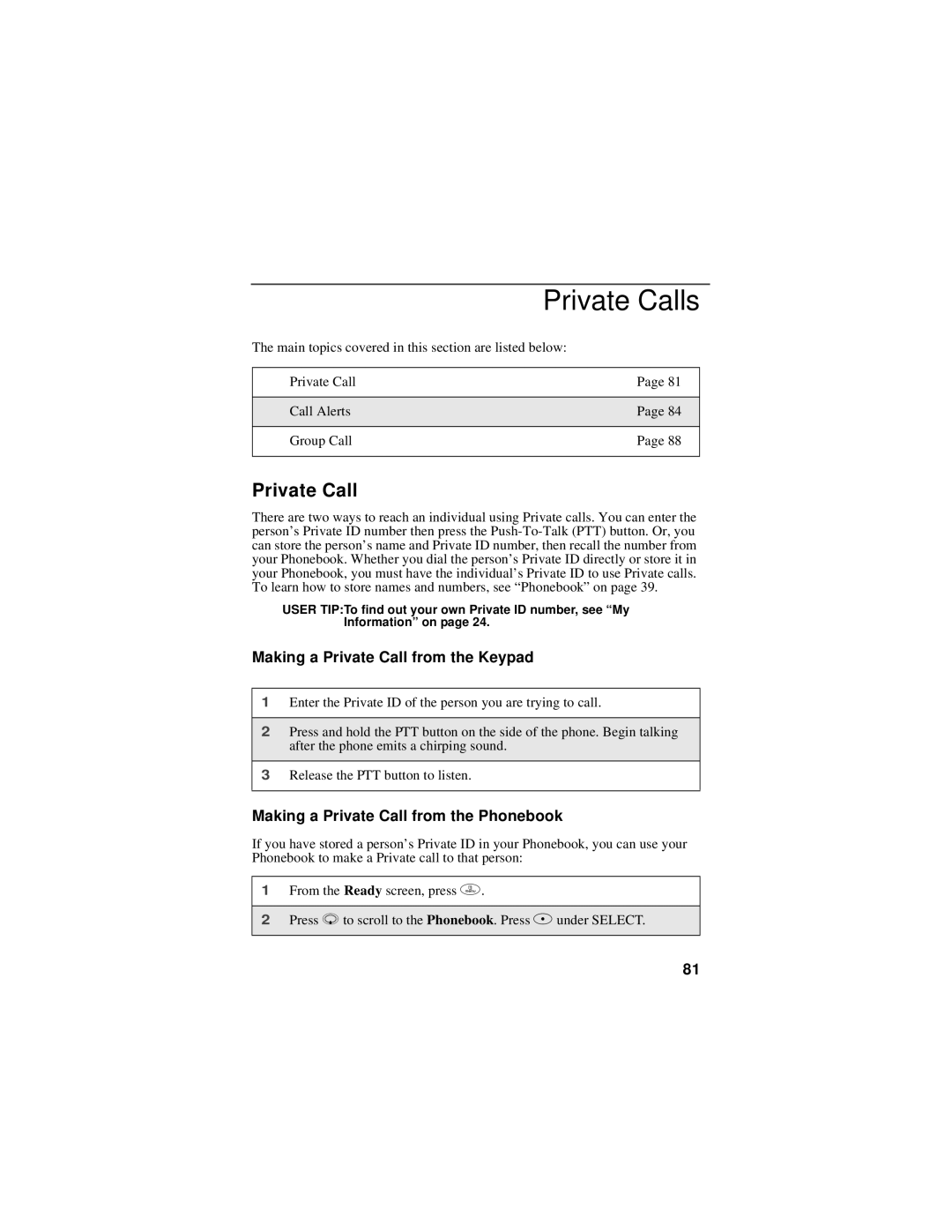 Motorola i58sr manual Private Calls, Making a Private Call from the Keypad, Making a Private Call from the Phonebook 