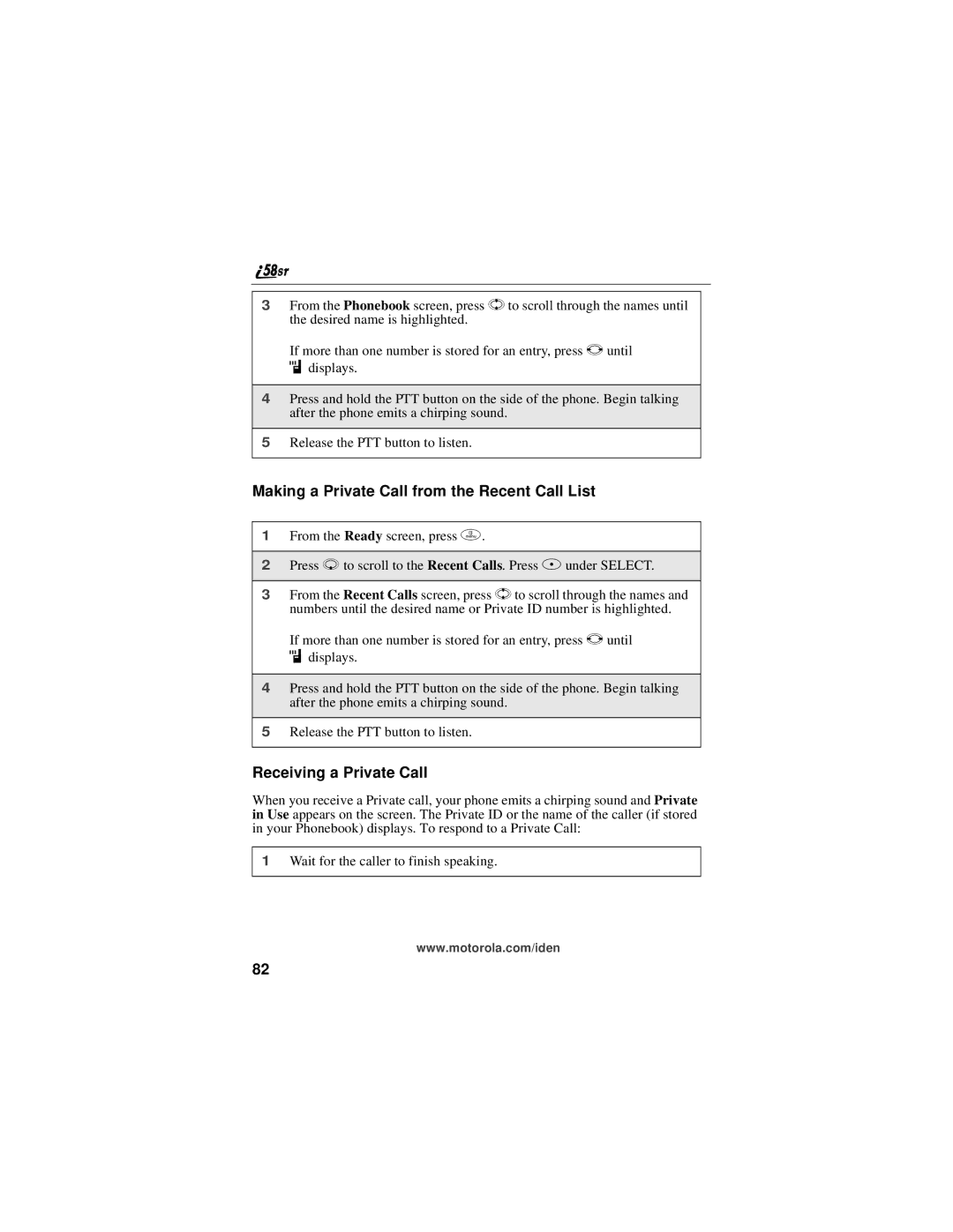 Motorola i58sr manual Making a Private Call from the Recent Call List, Receiving a Private Call 