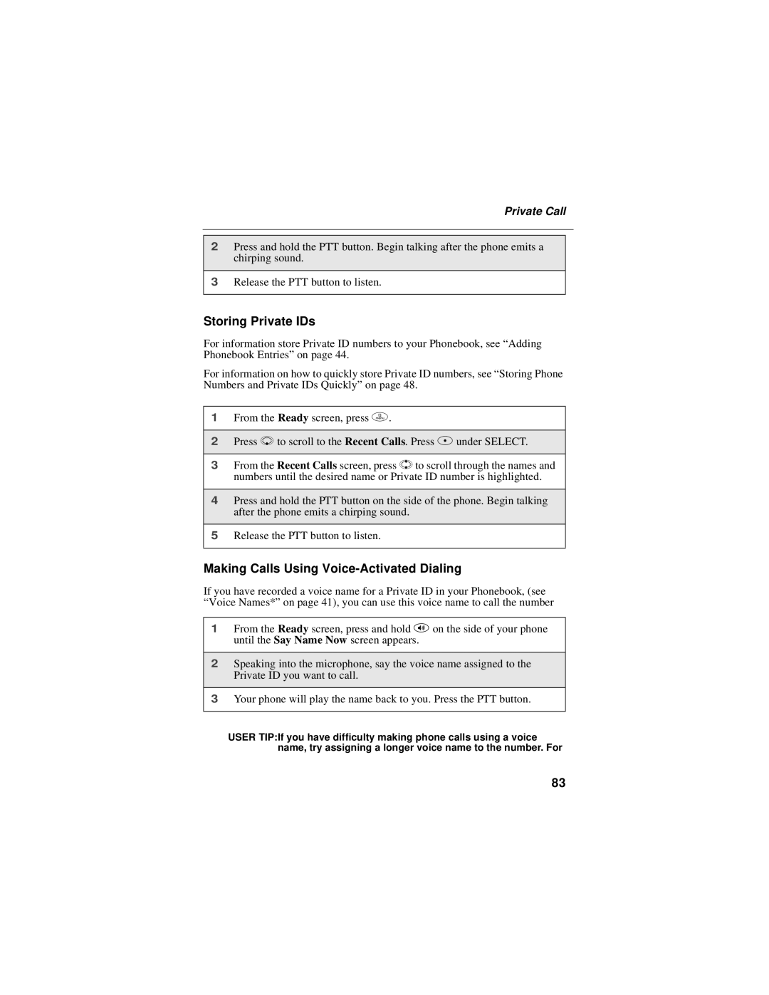 Motorola i58sr manual Storing Private IDs, Making Calls Using Voice-Activated Dialing, Private Call 