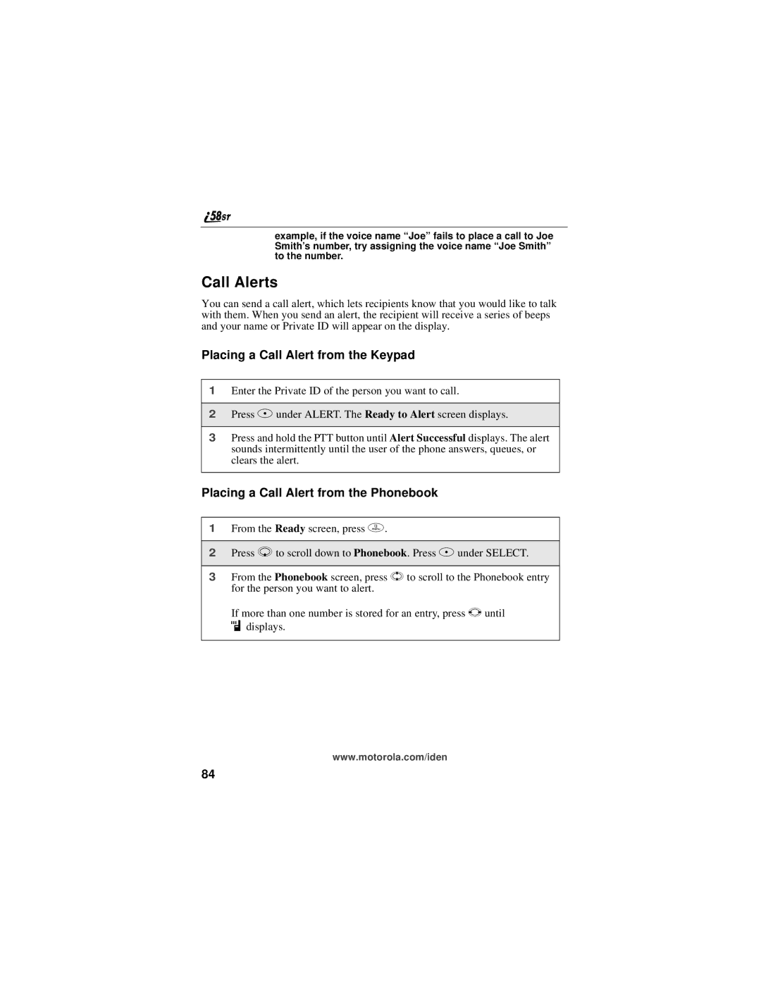 Motorola i58sr manual Call Alerts, Placing a Call Alert from the Keypad, Placing a Call Alert from the Phonebook 