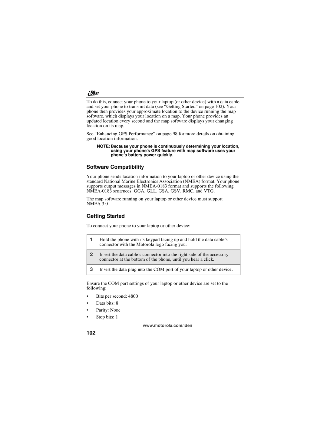 Motorola i58sr manual Software Compatibility, Getting Started, 102 