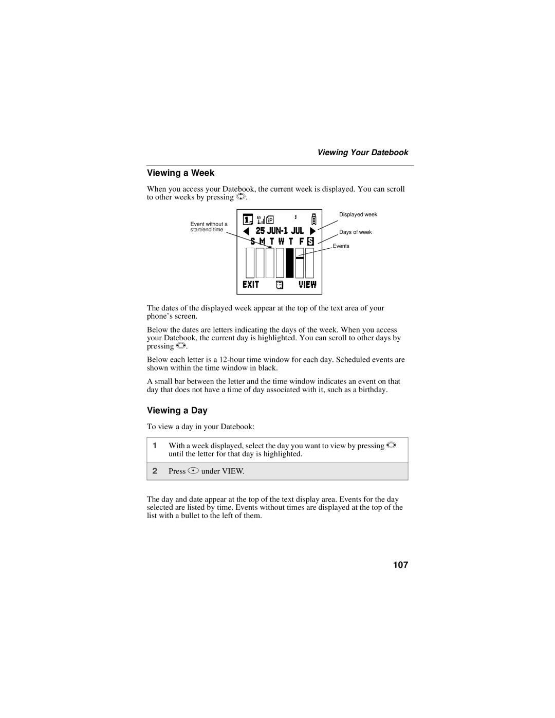 Motorola i58sr manual Viewing a Week, Viewing a Day, 107, Viewing Your Datebook 