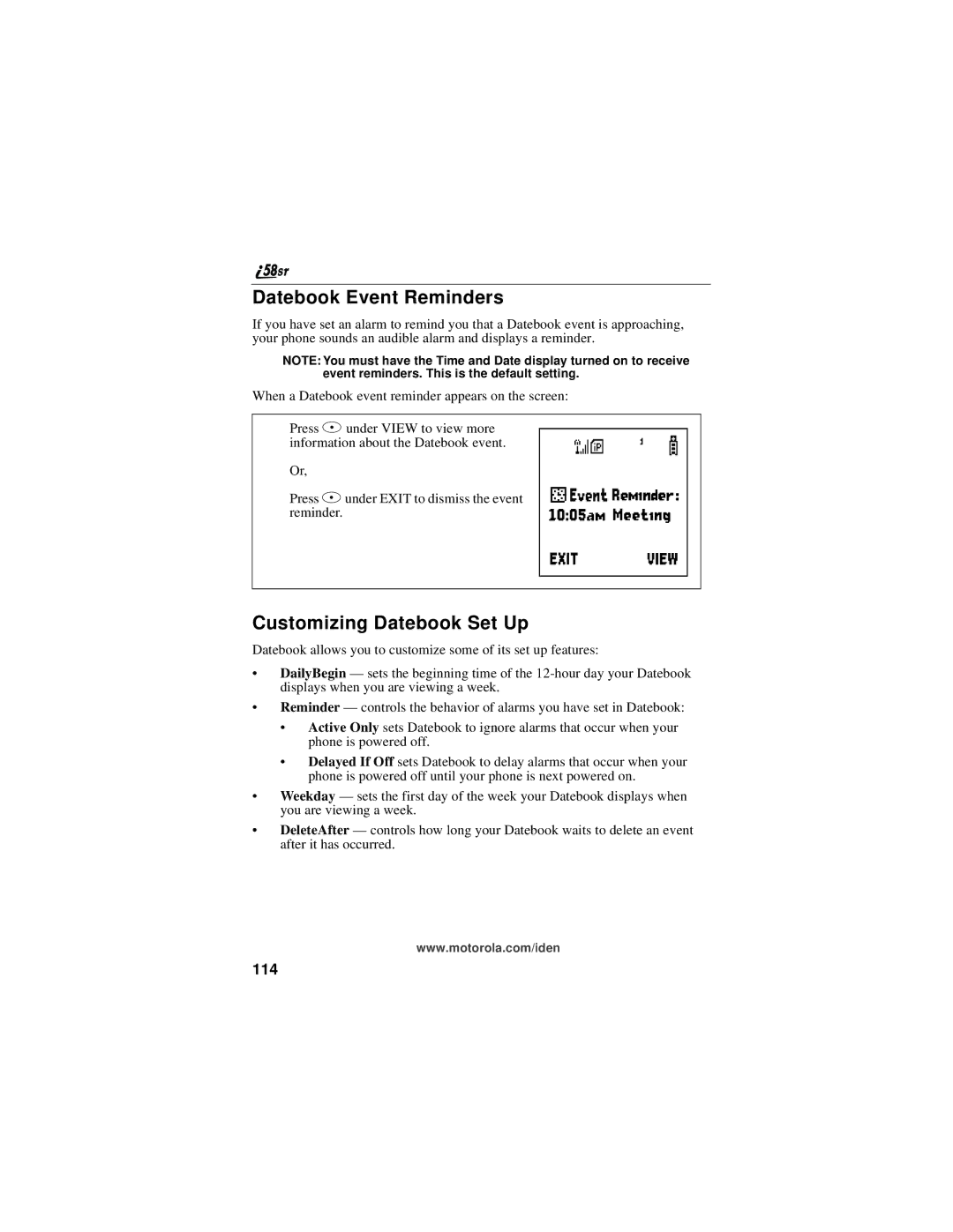 Motorola i58sr manual Datebook Event Reminders, Customizing Datebook Set Up, 114 