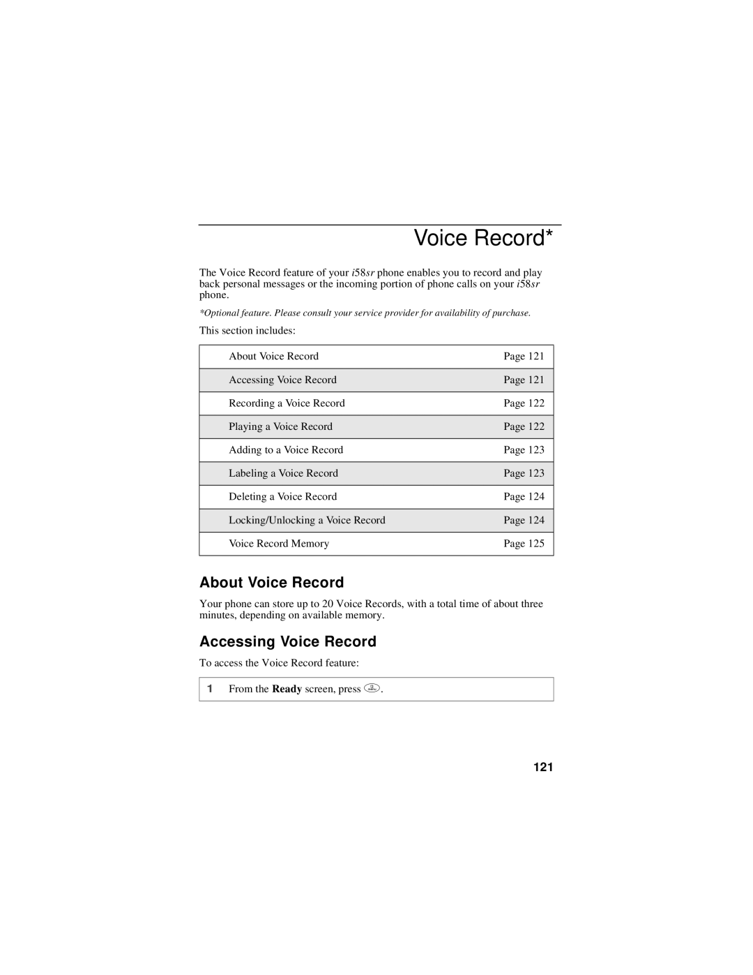 Motorola i58sr manual About Voice Record, Accessing Voice Record, 121 