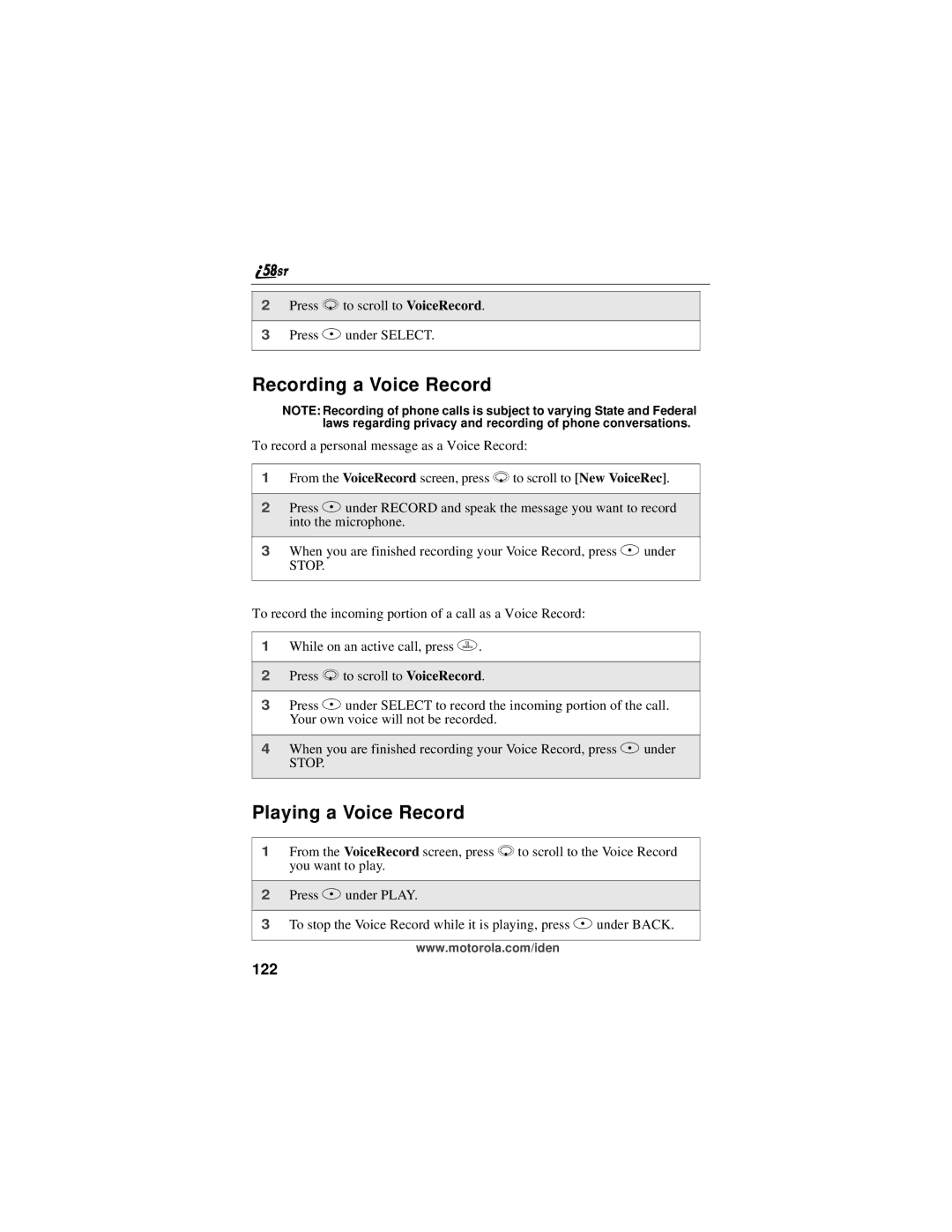 Motorola i58sr manual Recording a Voice Record, Playing a Voice Record, 122 